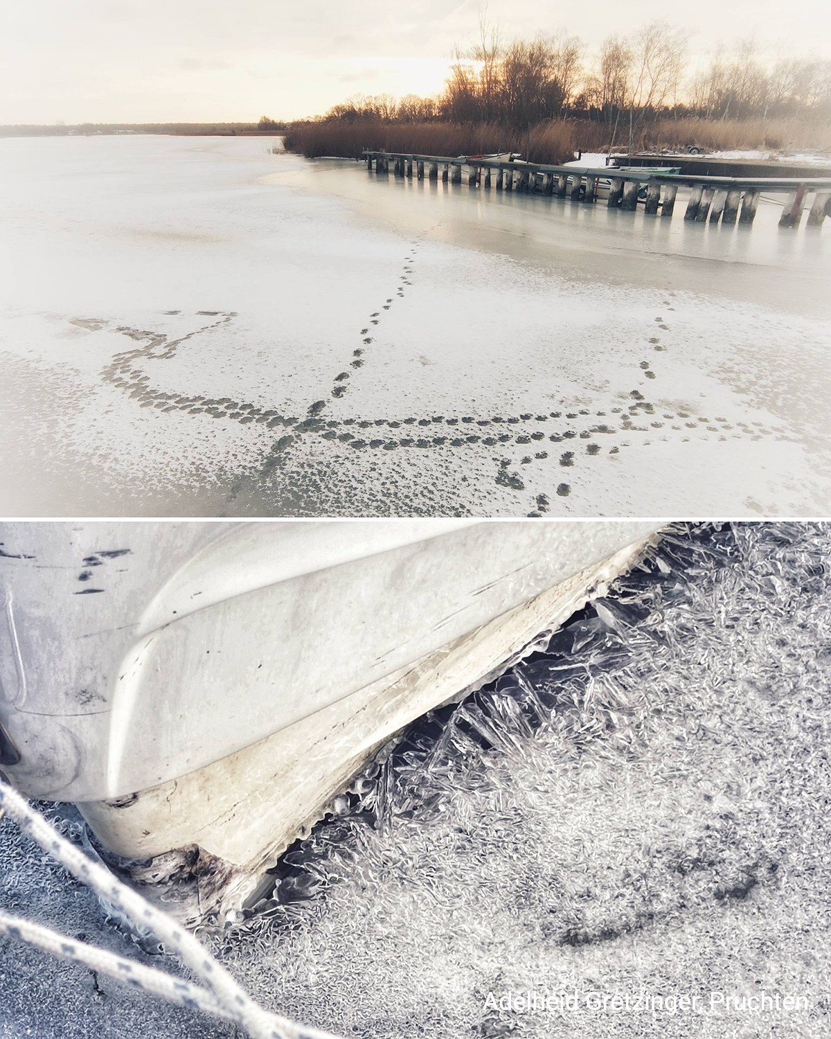 Teilweise zugefrorener See mit Steg, Fußspuren führen über die Eisfläche. Winterliche Uferlandschaft im Abendlicht.