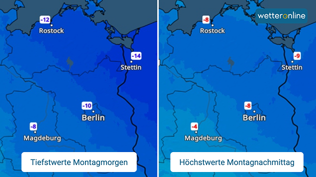 TemperaturRadar geteilt für Ostdeutschland mit Tiefstwerten am Montagmorgen und Höchstwerten am Montagnachmittag. Angezeigt sind Minusgrade in Städten wie Rostock, Berlin, Magdeburg und Stettin.