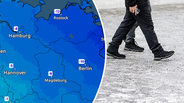 TemperaturRadar mit zweistelligen Minusgraden im Nordosten Deutschlands neben Fußgängern auf vereister Straße. Glatte Gehwege bei starkem Frost.