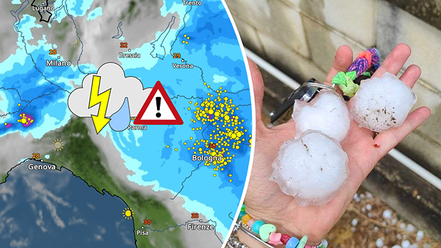 VejrRadar over Norditalien med kraftigt tordenvejr, hagl og foto af store haglkorn.