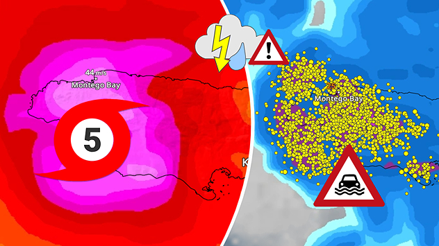 Vejrkort med orkan i kategori 5 over Jamaica og kraftig regn over Cuba.