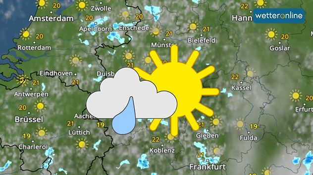 Wetterkarte zeigt Sonne und lokale Schauer bei etwa 20 Grad.