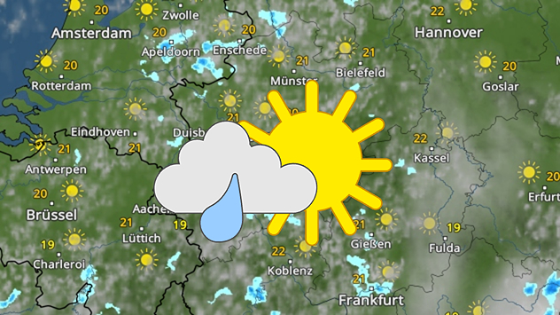 Wetterkarte zeigt Sonne und lokale Schauer bei etwa 20 Grad.