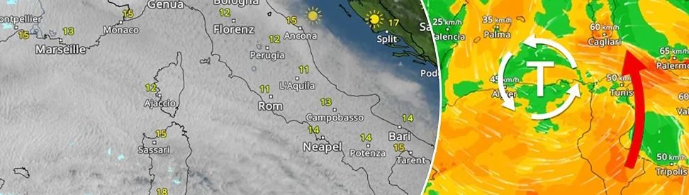 Links Wolken im WetterRadar mit einer eigenartigen Struktur. Rechts das WindRadar für den Mittelmeerraum.