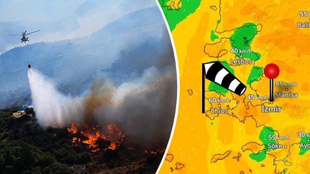 Ein Löschhubschrauber wirft Wasser auf einen Waldbrand bei Izmir ab sowie WindRadar für die Region Izmir