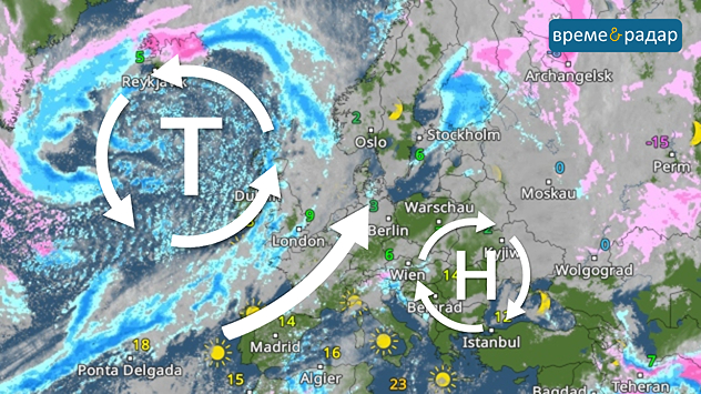 Картата на времето показва Европа с ниско налягане над Атлантическия океан и високо налягане над Източна Европа.
