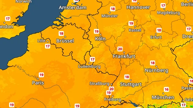 Wetterkarte von Mitteleuropa mit Temperaturwerten für Donnerstag. Deutschland und Nachbarländer zeigen überwiegend 17 bis 20 Grad. Warme Luft erstreckt sich flächig über die Region.