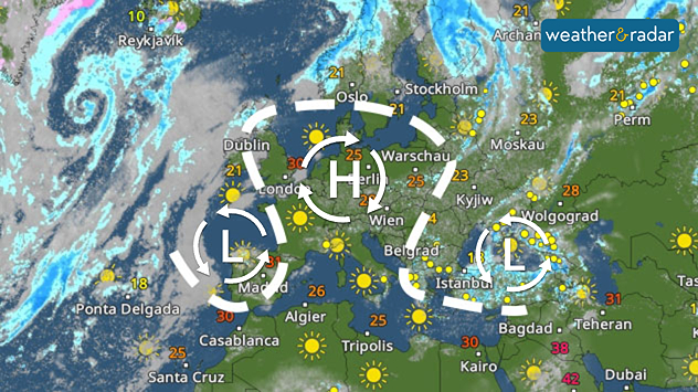 Weather map of Europe showing a high-pressure system over Central Europe, low-pressure systems over the Atlantic and Turkey, numerous sun symbols, and temperatures ranging from 4 to over 40 degrees.