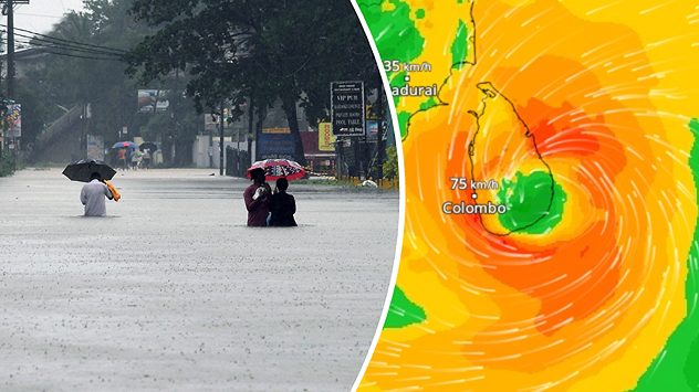 Menschen waten durch eine überflutete Straße, daneben eine Wetterkarte mit Zyklon über Sri Lanka. Darstellung der Sturmfolgen und der aktuellen Windfelder. (c) dpa