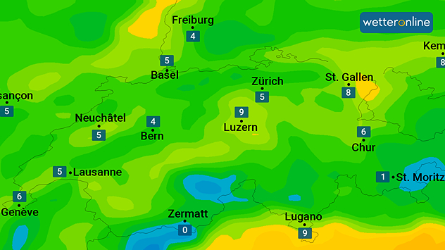 Karte mit Taupunkten am Samstagnachmittag für die Schweiz.