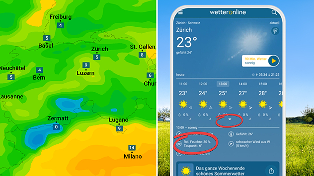 Karte mit Taupunkten von Samstagnachmittag und Screenshot der WetterOnline App.