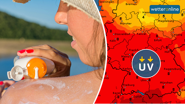 Karte zeigt hohen UV-Index - Frau am See cremt sich ein