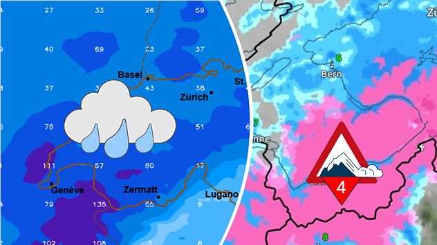 Links ist eine Karte mit den Regenmengen zu sehen, rechts das WetterRadar mit Schnee in den Alpen.