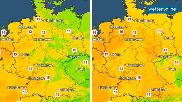 Vergleich zweier Temperaturkarten Deutschlands mit Zunahme der Werte von etwa 12 auf 17 Grad.