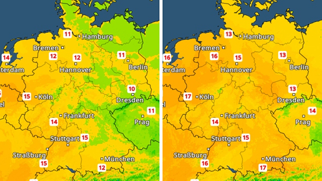 Vergleich zweier Temperaturkarten Deutschlands mit Zunahme der Werte von etwa 12 auf 17 Grad.