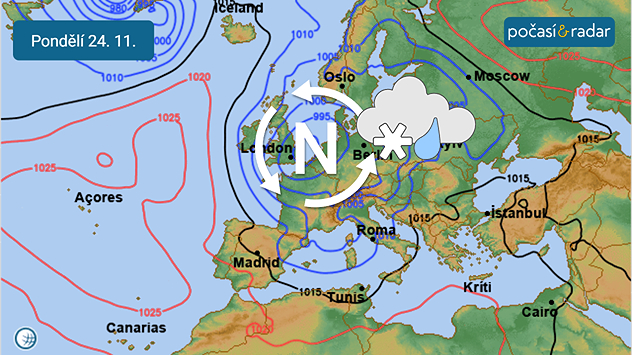 Předpověď synoptické situace nad Evropou na pondělí 24. 11. V novém týdnu začne počasí ve střední Evropě od západu ovlivňovat oblast nízkého tlaku vzduchu.