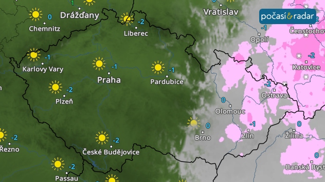 Meteoradar, screenshot, neděle 23. 11.: V neděli bude v Čechách pravděpodobně panovat málooblačné, slunečné počasí, zatímco na Moravě a ve Slezsku bude obloha oblačná až zatažená, místy se slabým sněžením.