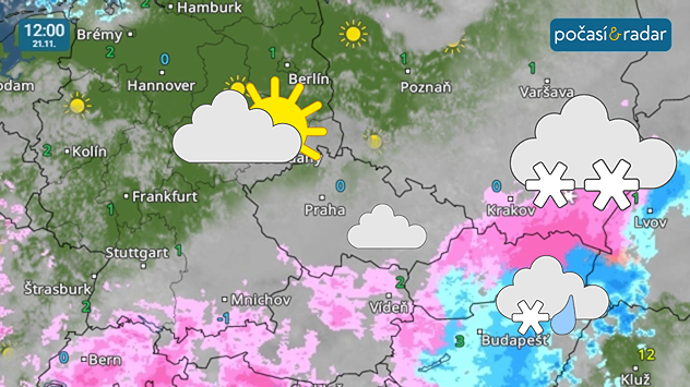 Meteoradar, screenshot, 21. 11., 12:00: V pátek se bude v Čechách pod vlivem okraje tlakové výše nad západní Evropou místy přechodně ukazovat až polojasná obloha, zatímco na Moravě a ve Slezsku pod částečným vlivem frontálního rozhraní nad východní až jihovýchodní Evropou převládne zatažená obloha; ojediněle se vyskytne i slabé sněžení.