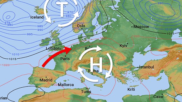 Wetterkarte mit Hoch über Südeuropa und Tief bei Island sowie milder Luftströmung nach Mitteleuropa.