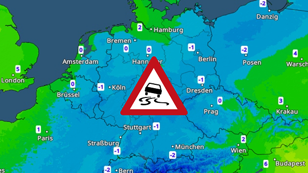 Wetterkarte Deutschlands mit Glättewarnsymbol und Temperaturen um den Gefrierpunkt.