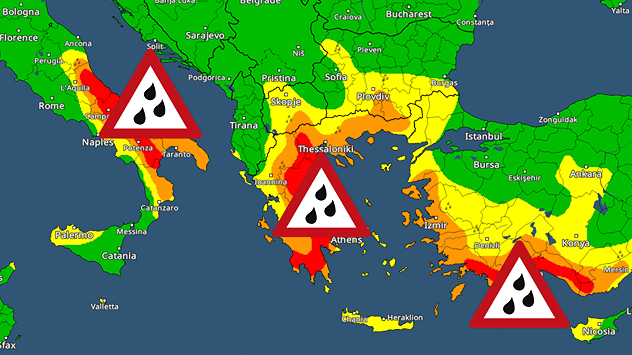 Weather map showing heavy rain warnings over southern Italy, Greece and Turkey. The colour scale indicates rainfall intensity and highlights areas at risk.