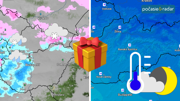 Rozdelený obrázok. Vľavo meteorologická mapa so zobrazením sneženia na severe, dažďom so snehom a dažďom na západe. Vpravo teplotná mapa s minimálnymi teplotami do -10 °C. Vpravo dole je zobrazený symbol malej oblačnosti v noci a symbolom teplomera s nízkou teplotou. V strede je ešte obrázok darčeka ako symbol Vianoc.