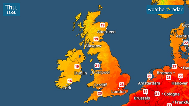 Temperature map of the UK and western Europe on Thursday 18.06 showing warm conditions across Britain, with temperatures reaching 28°C near London, around 21°C near Liverpool, and 19°C across much of Scotland and Ireland.