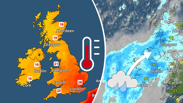Split weather graphic showing a warm temperature map of the UK on the left with temperatures up to 28°C in southeast England, and a satellite map on the right showing a broad rain band moving northeast across Ireland and Scotland.