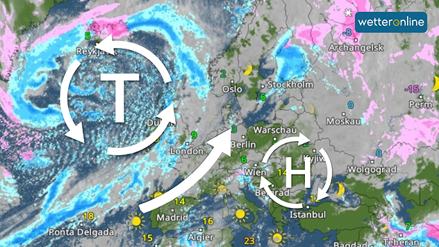 Die Wetterkarte zeigt Europa mit einem Tiefdruckgebiet über dem Atlantik und einem Hoch über Osteuropa.