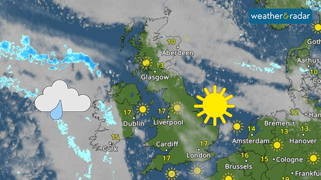 Weather map of the UK showing sunny conditions across England and Ireland with temperatures around 15 to 17 degrees, while a band of rain approaches from the west over the Atlantic.