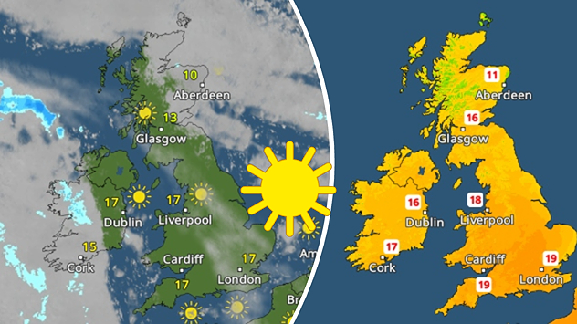 Split UK map showing sunny conditions with scattered cloud on the left and a temperature map on the right with values ranging from 11 in northern Scotland to 19 in southern England.