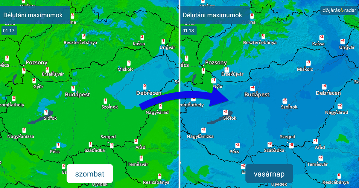 Hőmérsékleti térkép, amin látszik hogy hűl le szombatról vasárnapra a levegő délutánonként