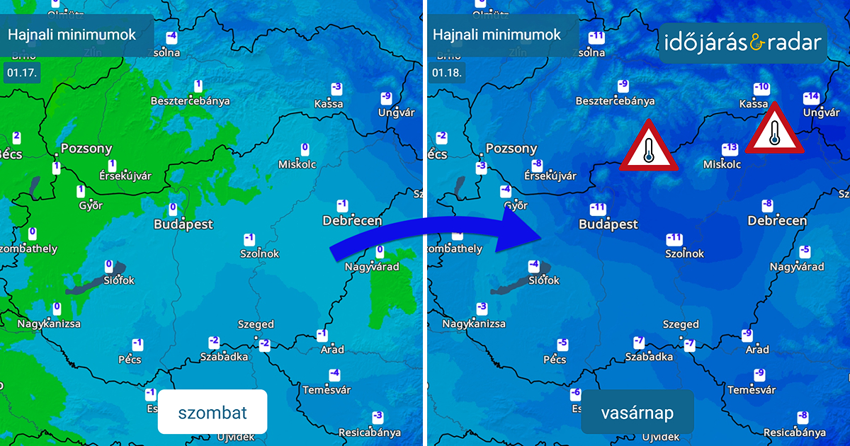 Hőmérsékleti térkép, amin látszik hogy hűl le szombatról vasárnapra a levegő hajanlonként