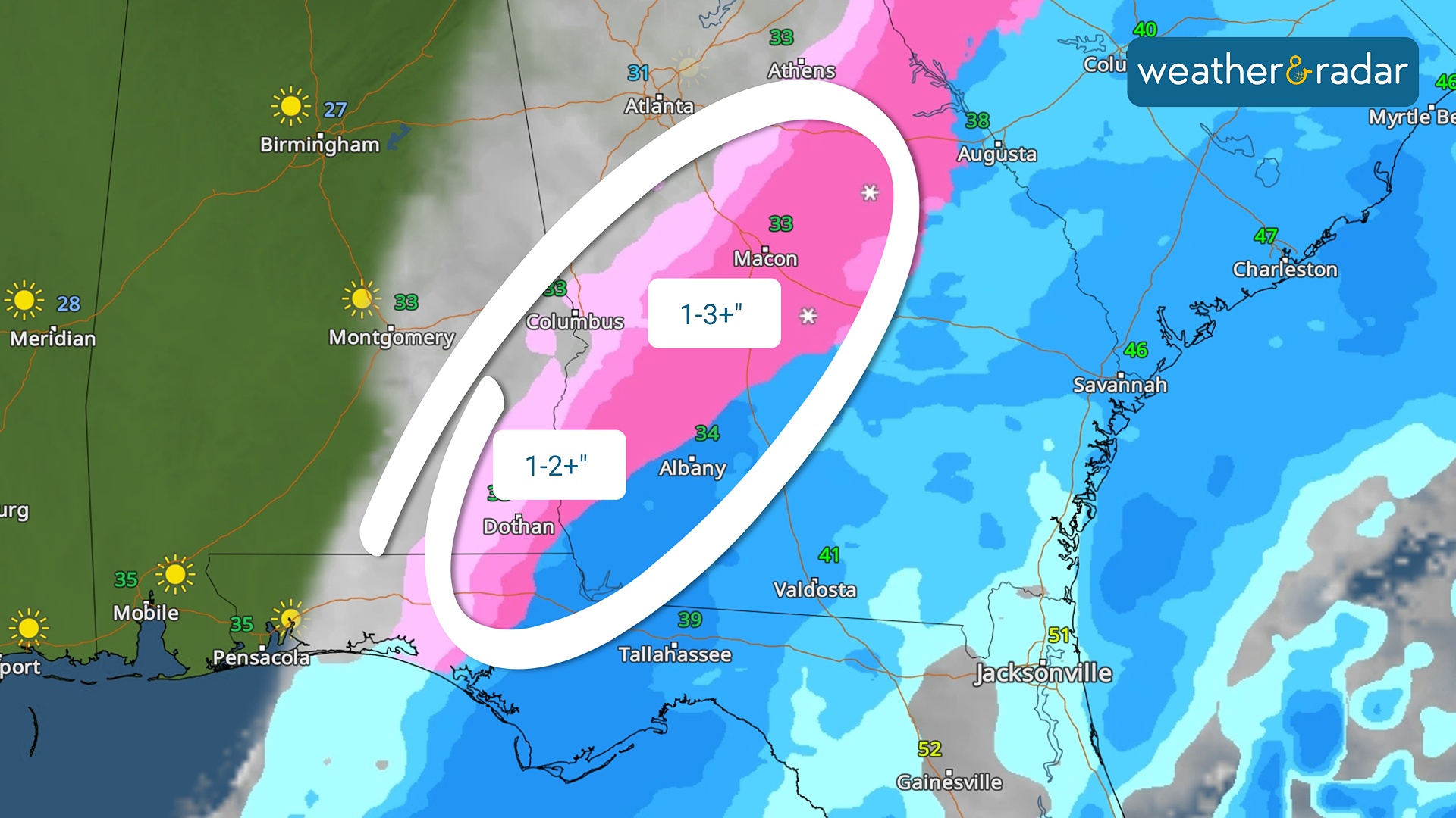Las mayores acumulaciones de nieve se extenderán desde el sureste de Alabama hasta el centro de Georgia.