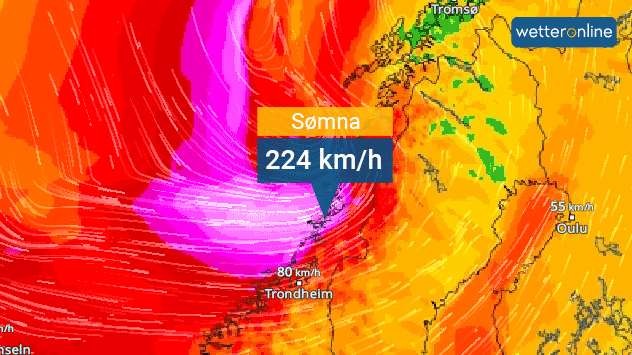 Unser weltweites WindRadar zeigt den gewaltigen Orkan, wie er auf die Küste Norwegens trifft.