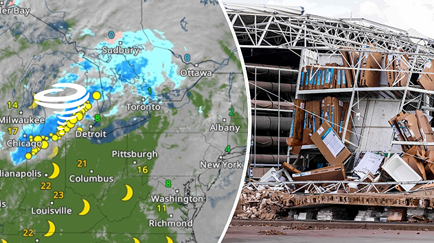 Radar météo avec symbole de tornade au-dessus du Michigan, à côté d'une photo d'un bâtiment détruit avec un toit effondré et des débris éparpillés.