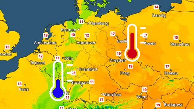 Karte mit Temperaturverteilung in Mitteleuropa. Warme Luft im Osten, kühlere Luft im Westen. Markierte Thermometer verdeutlichen den Kontrast.