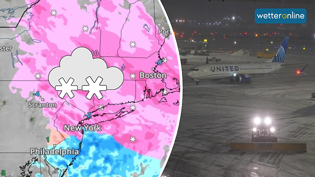 Wetterkarte mit starkem Schneefall über dem Nordosten der USA neben einem nächtlichen Flughafenbild mit verschneiter Startbahn und geparktem Passagierflugzeug.