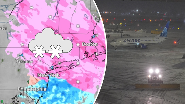 Wetterkarte mit starkem Schneefall über dem Nordosten der USA neben einem nächtlichen Flughafenbild mit verschneiter Startbahn und geparktem Passagierflugzeug.