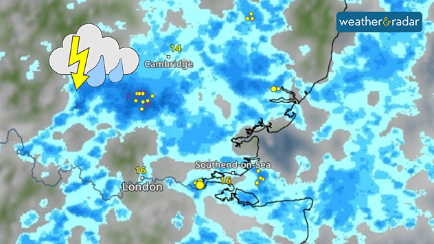 Weather radar map of southeast England showing widespread rain bands around London, Cambridge, and Southend-on-Sea, with lightning strike markers embedded within heavier precipitation and a thunderstorm icon highlighting storm activity.