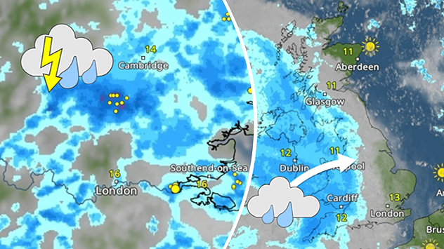 Split weather graphic showing thunderstorms and lightning activity across southeast England on the left, and a broad rain band moving east across Ireland and western UK on the right, with rain icon and a movement arrow east.