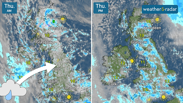 Split satellite weather map of the UK for Thursday AM and Thursday PM, showing morning cloud and rain bands followed by brighter afternoon conditions with sunny intervals across the UK and Ireland.