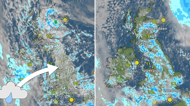 Split satellite weather map of the UK showing cloud and rain moving northeast in the morning on the left, followed by brighter afternoon conditions with sunny intervals on the right.