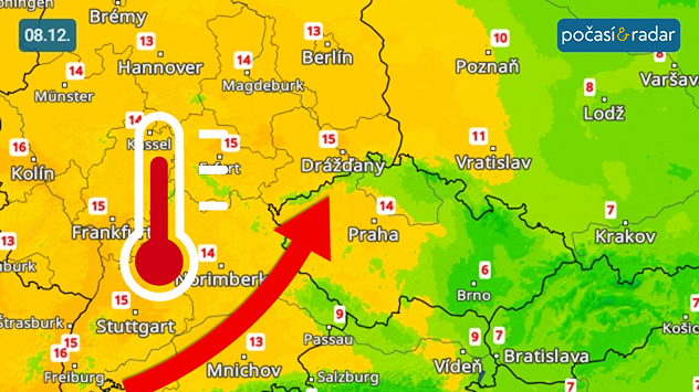 Předpověď maximálních teplot v Česku a sousedních zemích na pondělí 8. prosince. Střední Evropa se na počátku druhého prosincového týdne ocitá ve velmi teplém jihozápadním proudění. V sousedním Německu maximální teploty míří až k 17 °C, až k 15 °C se bude ojediněle oteplovat i v Čechách.