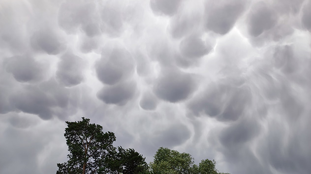 Auf der Rückseite eines kräftigen Schauers mit Blitz und Donner erscheinen sogenannte Mammatus-Wolken.
