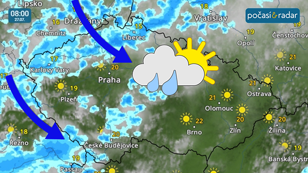 Meteoradar, screenshot, 27. 7. 8:00: Během pondělí nás bude přecházet studená fronta. Ochladí se, zesílí vítr a od severozápadu k nám budou postupovat přeháňky.