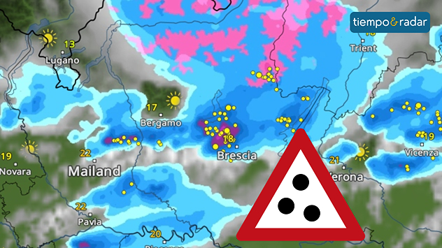 La imagen del radar meteorológico del lunes por la tarde muestra una fuerte tormenta al norte de Brescia.