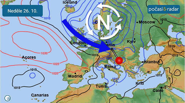 Synoptická situace nad Evropou, neděle 26. 10. Na přelomu týdnů Česko nadále ovlivňuje hluboká tlaková níže nad severní Evropou, kolem níž k nám proudí chladný a vlhký vzduch od západu až severozápadu.