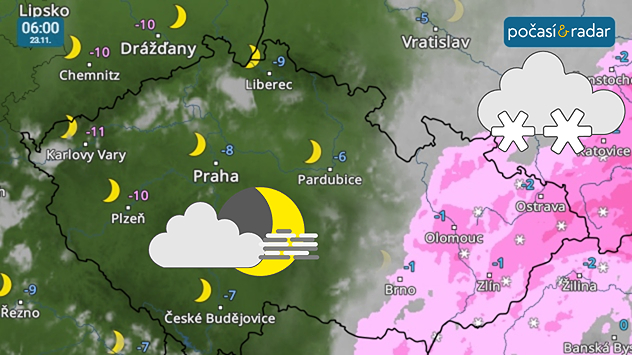 Meteoradar, screenshot, 23. 11., 6:00: Noc na neděli přinese do Čech převážně jasné a silně mrazivé počasí, zatímco na Moravě a ve Slezsku se postupně na většině území vyskytne trvalejší sněžení.