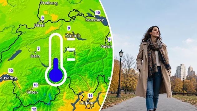 Temperaturkarte und Frau mit Jacke am Morgen